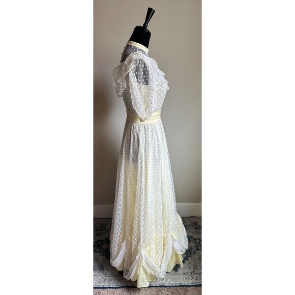 VINTAGE Women's Ruffle Butter Yellow Polka Dot High Neck Maxi Prom Dress Size S - Picture 7 of 8